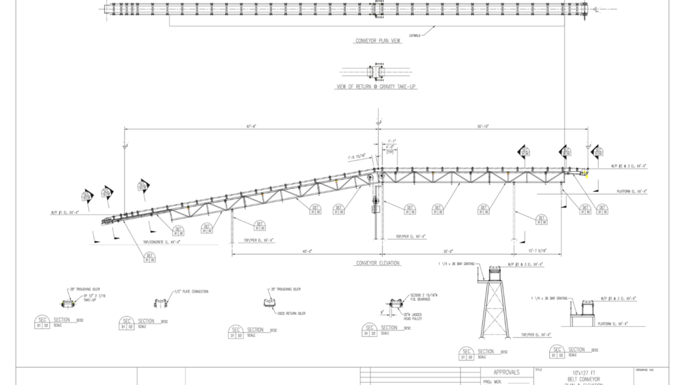 10 degree x 127 ft belt conveyer plan and elevation